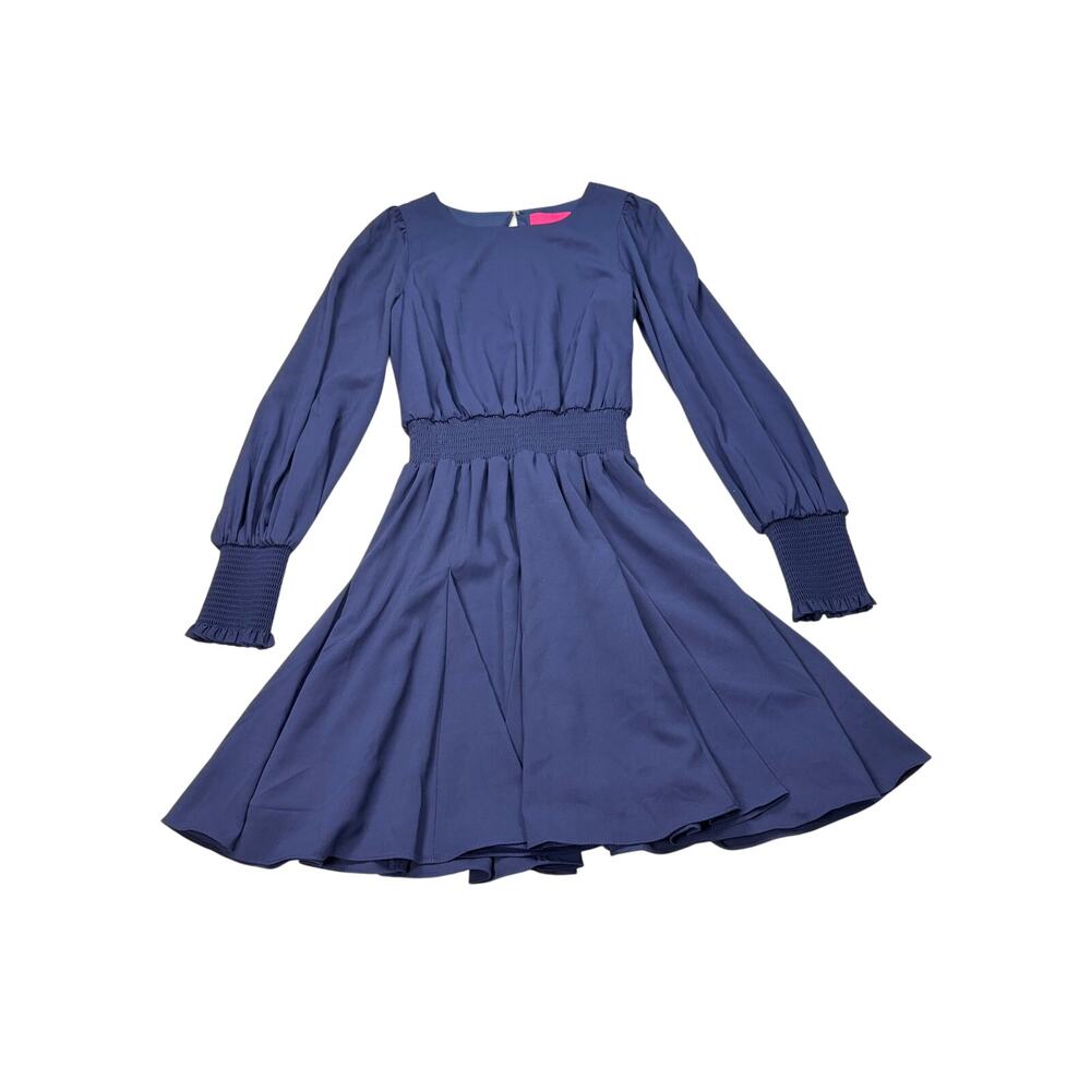 Lilly Pulitzer navy long sleeve knee length dress, ruche waist, cuffs. Size 2.